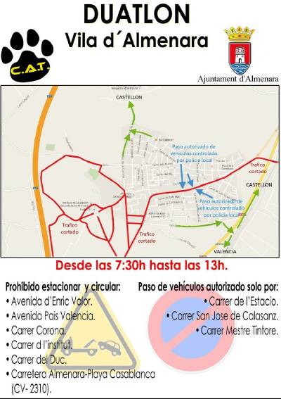 La policía local de Almenara informa de las calles cortadas con motivo del duatlón