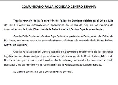 Comunicado de la Falla Sociedad Centro España