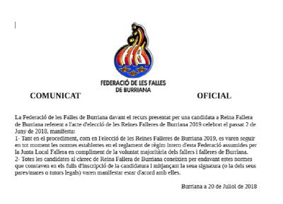 Comunicat de la Federació de Falles de Borriana