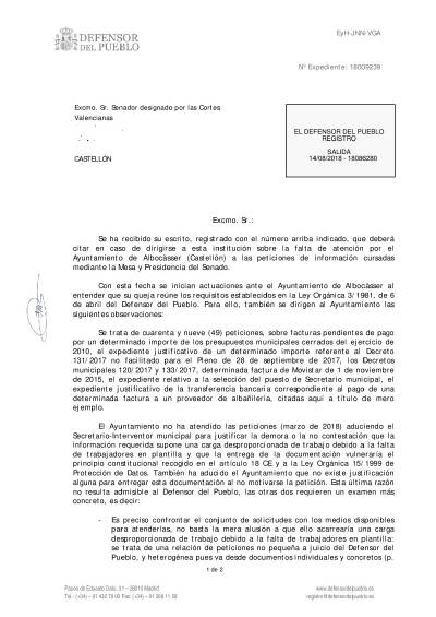 Defensor del Pueblo obri expedient ajuntament d’Albocàsser i reconeix s’han vulnerat drets constitucionals i s’ha actuat irregularment