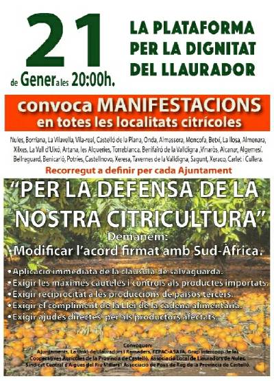 La Llosa es manifesta el 21 de gener per la defensa de la citricultura