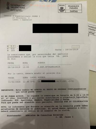 Sanidad retrasa cuatro meses consultas de oftalmología a vecinos de Almassora