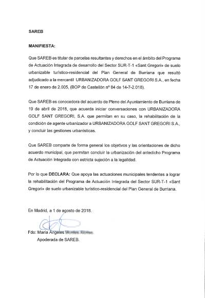 SAREB respalda la reactivacin de la condicin de agente urbanizador a Golf Sant Gregori