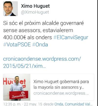 Huguet (PSOE) incompleix la seua promesa de governar sense assessors i gasta més de 175.000 euros