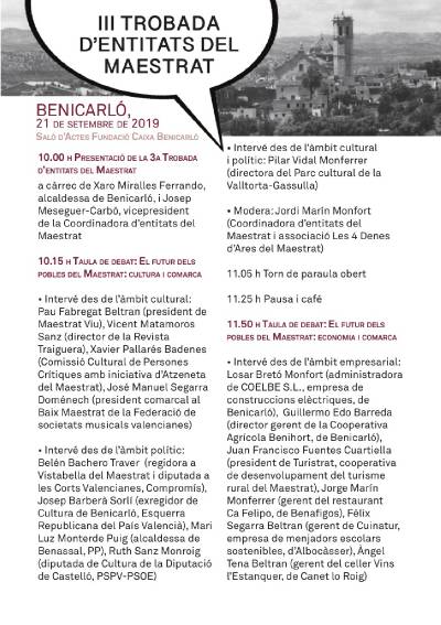 La 3a Trobada d’entitats del Maestrat reunirà a Benicarló empresaris, activistes culturals i polítics al voltant de dos taules de debat que analitzaran el futur de la comarca